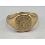 9ct yellow gold signet ring with engraved initials JMB to square face, stamped 375, size W1/2, 5.2g