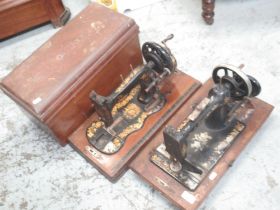 New National hand sewing machine, on wooden base and a similar unmarked sewing machine in wooden