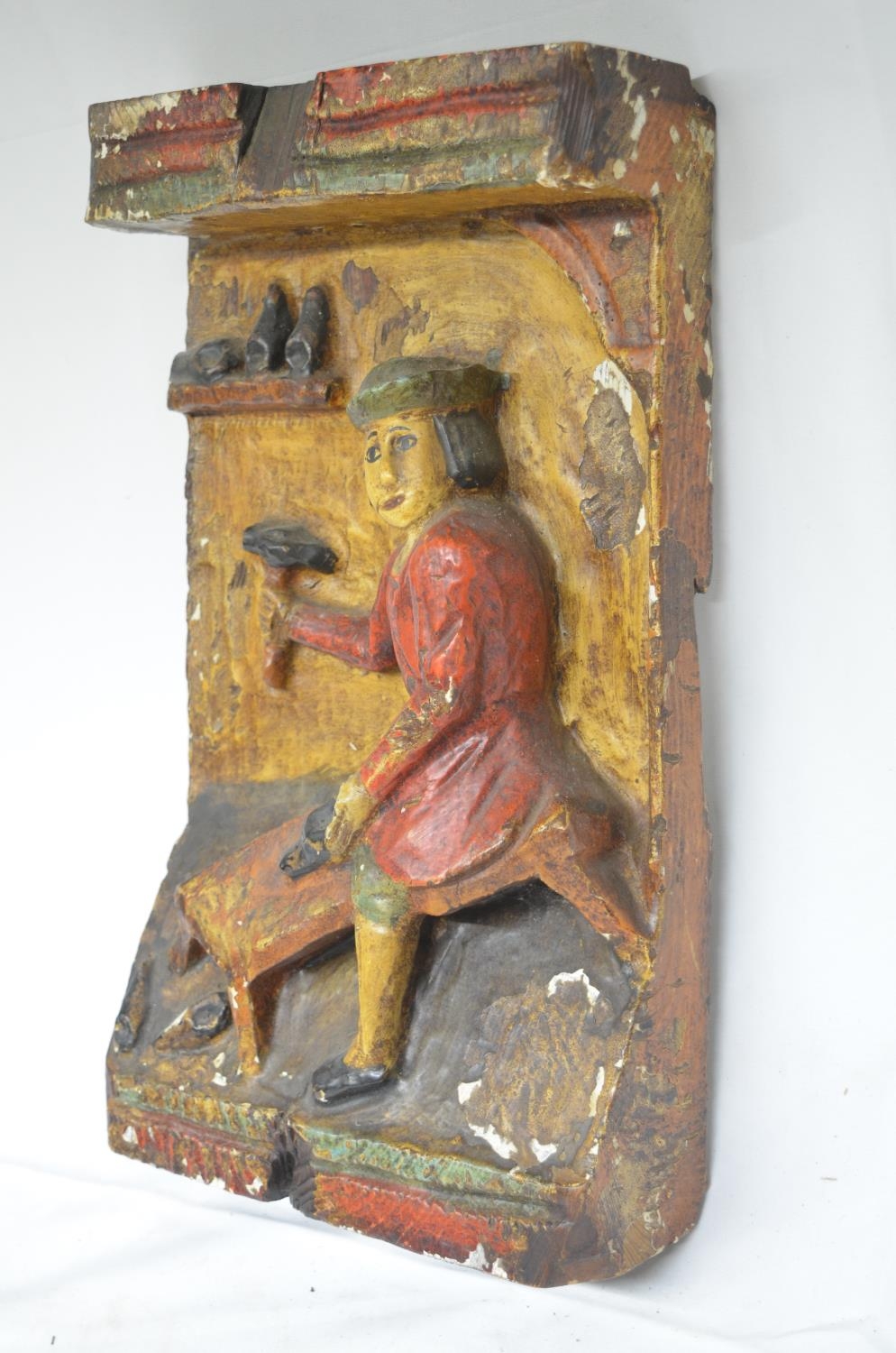Circa 16th-18th century carved wood shop sign depicting St Crispin, patron saint of cobblers, one - Image 2 of 2