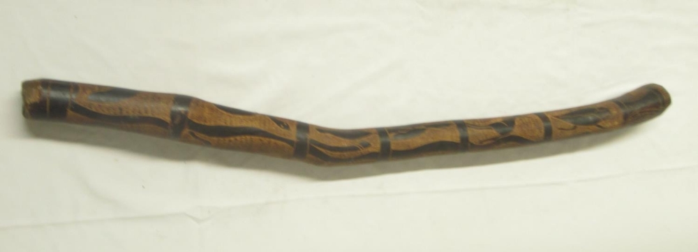 Carved didgeridoo with images of Kangaroo, Snakes, etc. carved wood 4-string instrument lacking 2 - Image 10 of 14