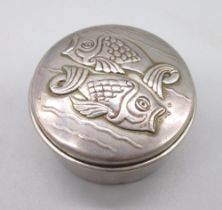 1970s hallmarked Sterling silver pin dish with Pisces carp decoration to lid and gilded interior, by