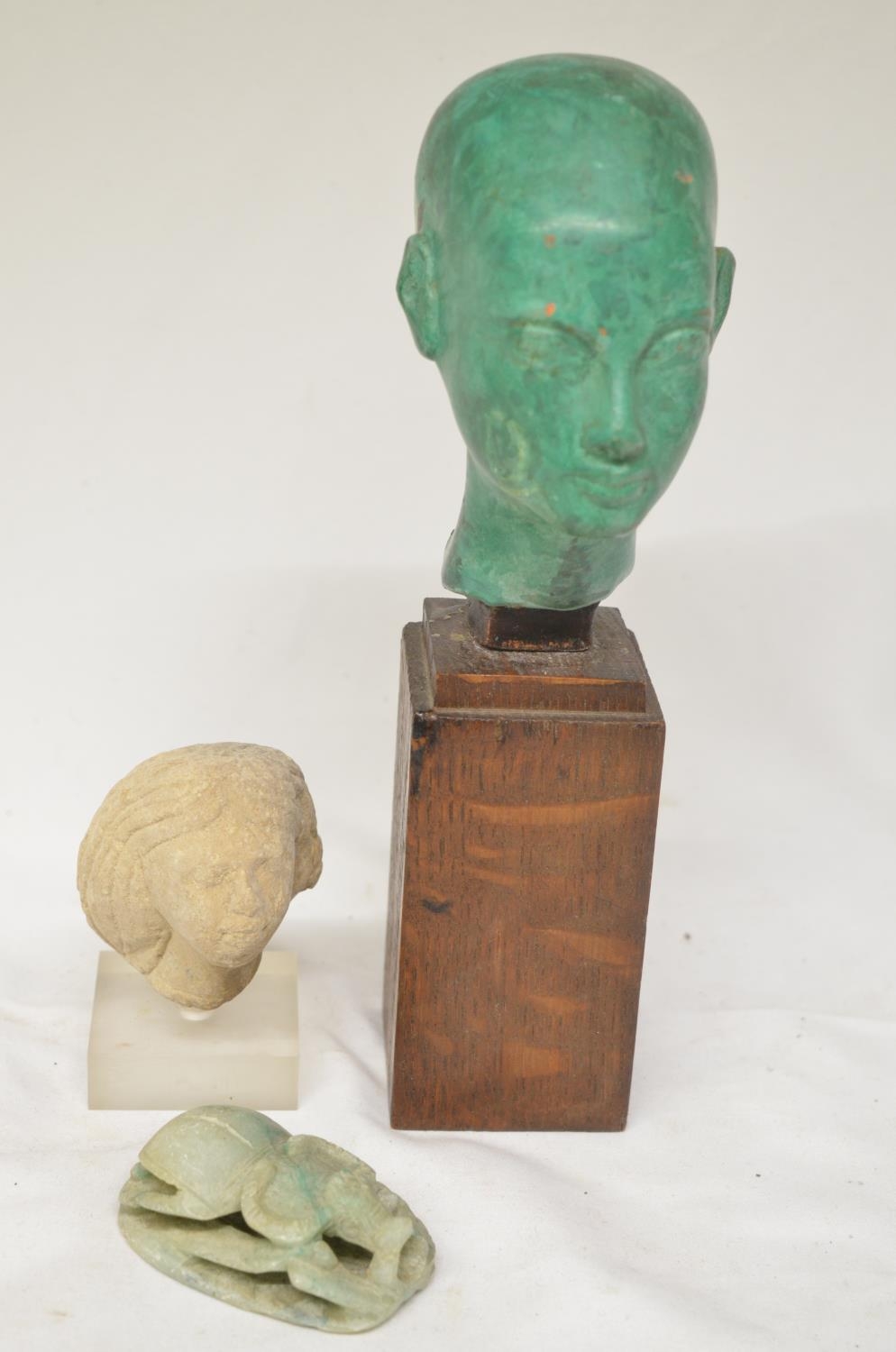 Modern reproduction green coloured female Egyptian style head (H23cm), a smaller and ancient