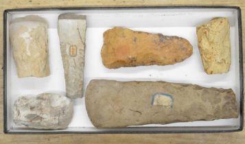 Six neolithic stone and flint hand axe heads, largest L22cm (Victor Brox collection)