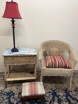 Rattan armchair, H78cm, rattan sewing box with undershelf, an upholstered foot stool, and a modern