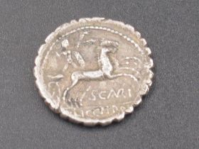 M. Aurelius Scaurus, serrate Denarius, obv.helmeted head of Roma right, m aureli before roma and x