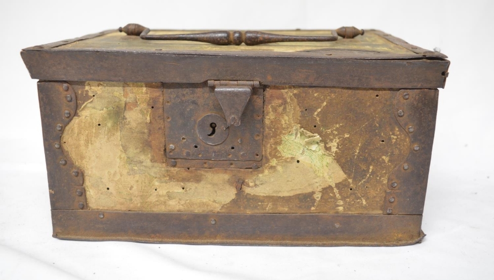 Circa 17th century leather bound table box with wrought metal flap lock and ornate metal pinned - Image 7 of 8