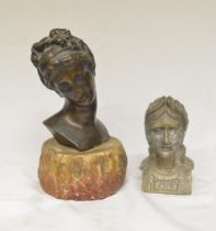 19th century French bronze female bust on stone plinth (H25.5cm) and a similar but smaller