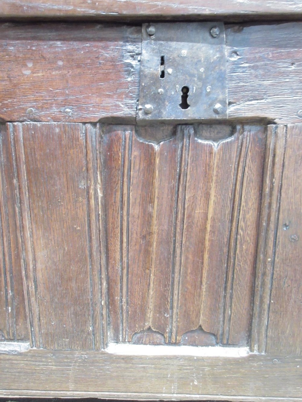 18th century oak coffer, hinged three panel lid and three linenfold panel front, W104cm D51cm - Image 2 of 5