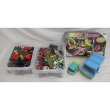 Assorted collection of die-cast vehicles, Lego pieces, a Domino Express Sky Rider set (used and