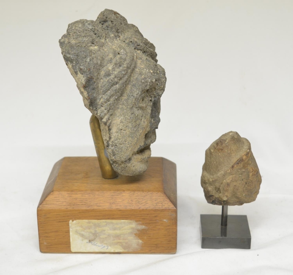 Two carved stone heads on wood and stone plinths, origins unknown, larger carving with plinth - Image 4 of 4