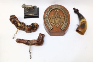 Equestrian interest Edwardian oak and brass bridge marker in the form of a horse shoe with concealed