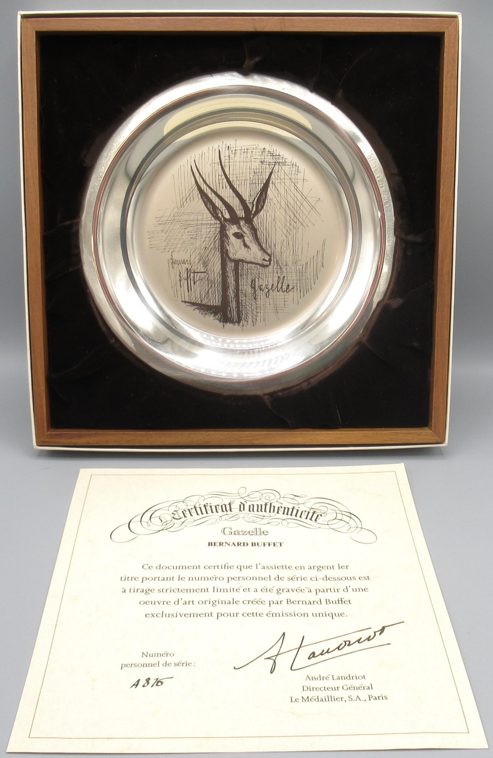 Bernard Buffet sterling silver Gazelle plate, stamped 925, C.1973, boxed with certificate, D20cm, - Image 2 of 3