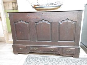 C18th oak mule chest, triple arched panel front, over single long flanked by two short drawers,