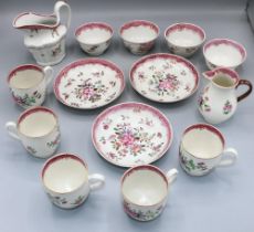 Collection of famille rose palette English and Chinese porcelain teaware, some probably Caughley (