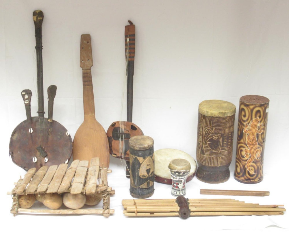 Mixed collection of Tribal/Indigenous musical instruments to inc. Xylophones, string instr