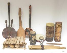 Mixed collection of Tribal/Indigenous musical instruments to inc. Xylophones, string instruments,