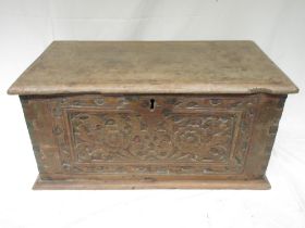 Oak table box, moulded hinged top above floral carved front with traces of old paint, W61cm D34cm