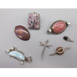 Collection of six Sterling silver pendants of various sizes set with different coloured stones