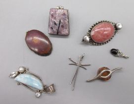 Collection of six Sterling silver pendants of various sizes set with different coloured stones