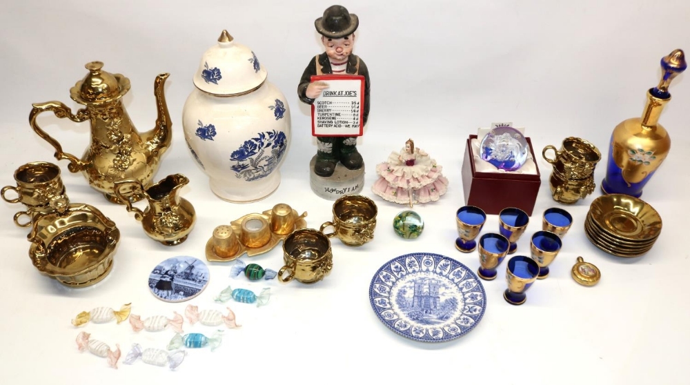 Murano glass sweets; continental blue glass liqueur set with gilt highlights; continental gilt