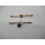 9ct yellow gold bar brooch set with purple stone, and another similar set with red stone, both