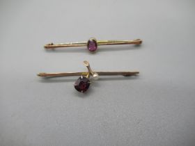 9ct yellow gold bar brooch set with purple stone, and another similar set with red stone, both