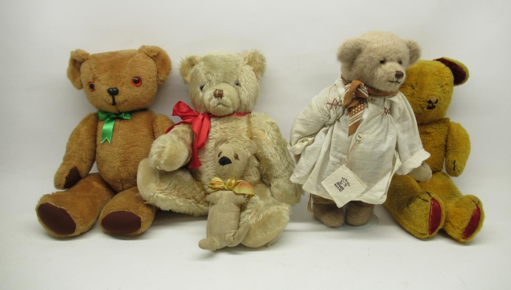 Three mid C20th and later bears, an artists bear Sheila Raynes Nathanial Trevithick, and a smaller