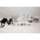 Mixed collectables incl. four paperweights, Nikon 70-300mm camera lens, glass vase, crystal swans,