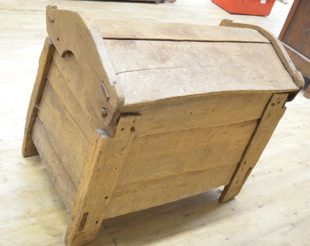 Early oak Ark clamp front coffer, hinged angular arched top lid with scratch carved stylized tree - Image 3 of 5
