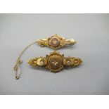 Two Victorian 9ct yellow gold Etruscan style bar brooches set with diamonds, both stamped 375, 5.8g