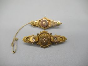 Two Victorian 9ct yellow gold Etruscan style bar brooches set with diamonds, both stamped 375, 5.8g