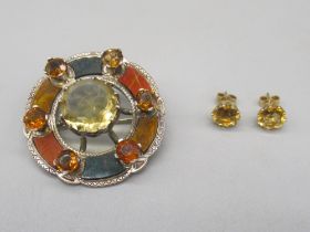 Hallmarked sterling silver brooch set with citrine and polished stone, including blood stone,
