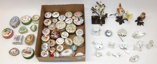 Collection of enamel pill boxes incl. Halcyon Days; collection of Swarovski ornaments; and three