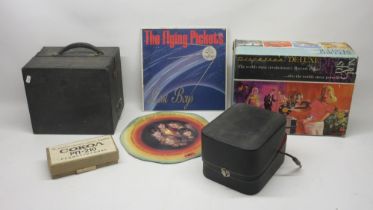 Decca portable windup gramophone in black leatherette; Discatron De-Luxe portable battery record