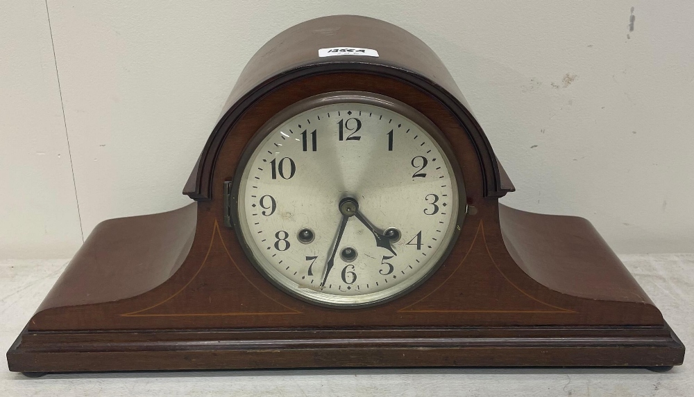 1930's mahogany mantel clock, silvered Arabic dial, three train Westminster chiming movement no.
