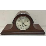 1930's mahogany mantel clock, silvered Arabic dial, three train Westminster chiming movement no.