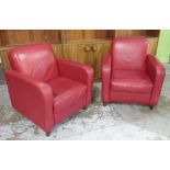 Pair of Art Deo style red leather upholstered club type arm chairs, WS76cm D85cm H82cm (2)