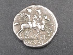 Denarius, obv. head of Roma right, wearing winged helmet, rev. Dioscuri galloping right with 'C.S