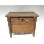Small French oak and elm box, hinged top above moulded front with shaped frieze, turned supports,