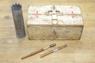 WITHDRAWN Vintage military wooden first aid box (W45xD24xH20cm), a trench art shell casing depicting
