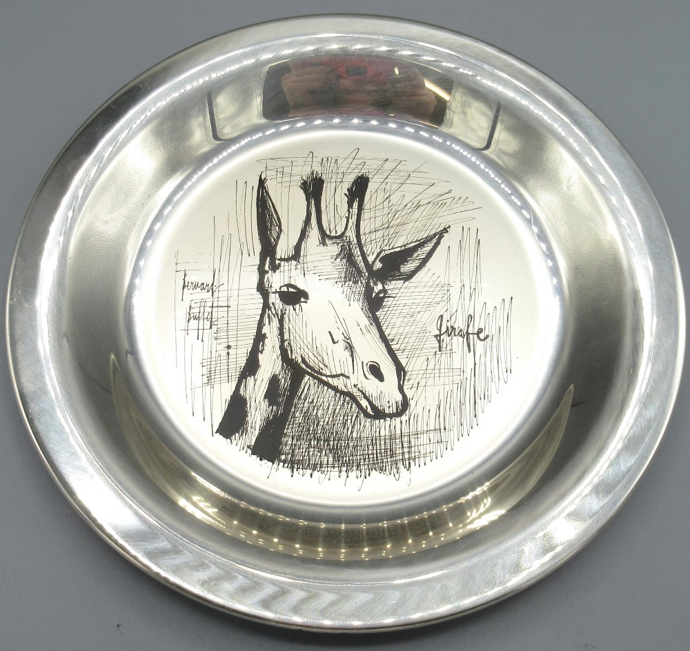 Bernard Buffet sterling silver Giraffe plate, stamped 925, C.1975, boxed with certificate, D20cm,