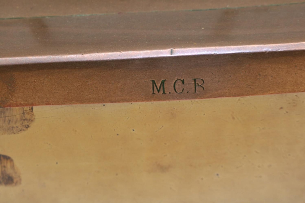 Two country house type large copper pans and covers, one initialled MCB, max. H26cm - Image 2 of 2