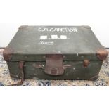 C20th green canvas and leather bound cabin trunk, lift out tray, L76cm and mid C20th canvas and