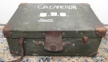 C20th green canvas and leather bound cabin trunk, lift out tray, L76cm and mid C20th canvas and
