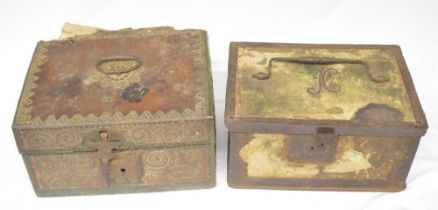 Circa 17th century leather bound table box with wrought metal flap lock and ornate metal pinned