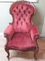 Victorian walnut framed red upholstered nursing chair, on cabriole legs, H111cm