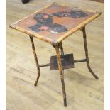 Victorian bamboo occasional table, square top with painted detail, on outsplayed supports with