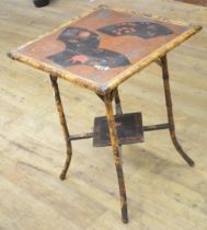 Victorian bamboo occasional table, square top with painted detail, on outsplayed supports with