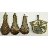 Two James Dixon & sons Sheffield 19th century copper and brass embossed powder flasks, decorated