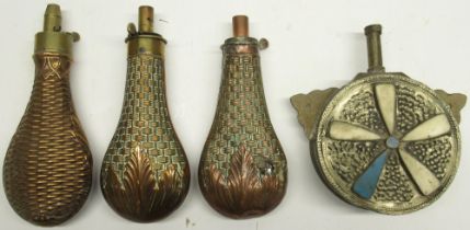 Two James Dixon & sons Sheffield 19th century copper and brass embossed powder flasks, decorated